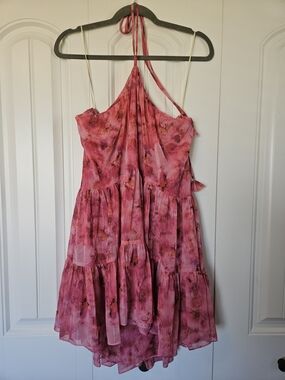 Misa Los Angeles Pink Floral Backless Halter Tiered Dress Size Medium